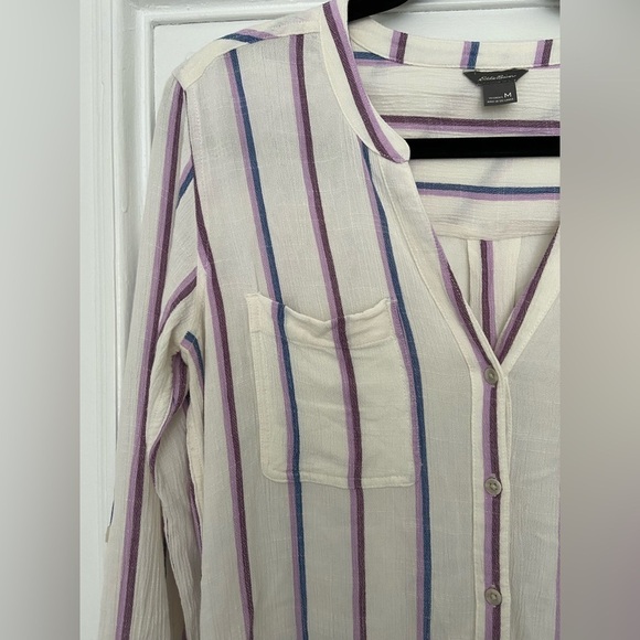 Eddie Bauer Long Sleeve White Comfy Button Down w/ Purple & Blue Stripes Medium - Picture 3 of 8